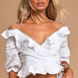 Caught in the Sun White Off-The-Shoulder Ruffled Wrap Top